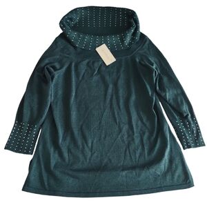 Questions 2X Metallic Rhinestone Ribbed Trim Turtleneck Green Sweater